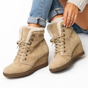 J. Crew Women's Beige Suede Shearling Wedge Ankle Boots Size 7